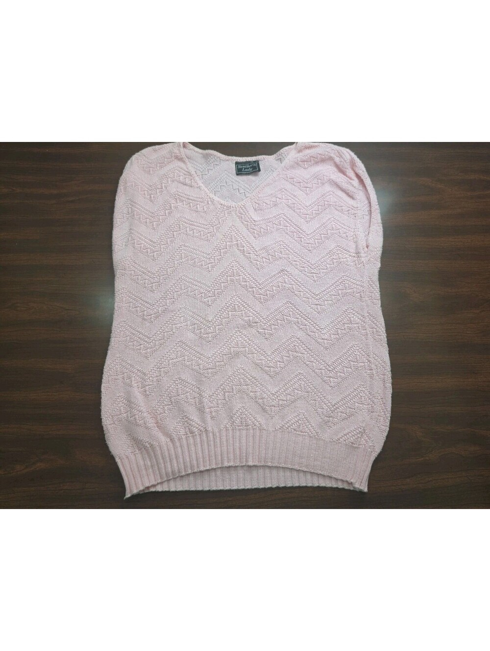 Vintage Southern Lady Pink Chevron Knit Short Sleeve Sweater Womens Large (MEAS)